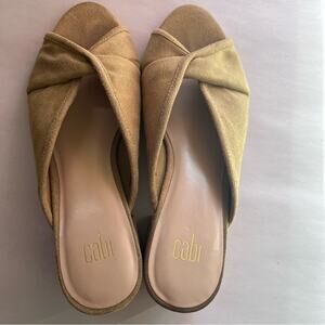 Cabi Mules Womens 7M Marigold Tan Block Heel Casual Slip Op Peep Toe Twisted Top